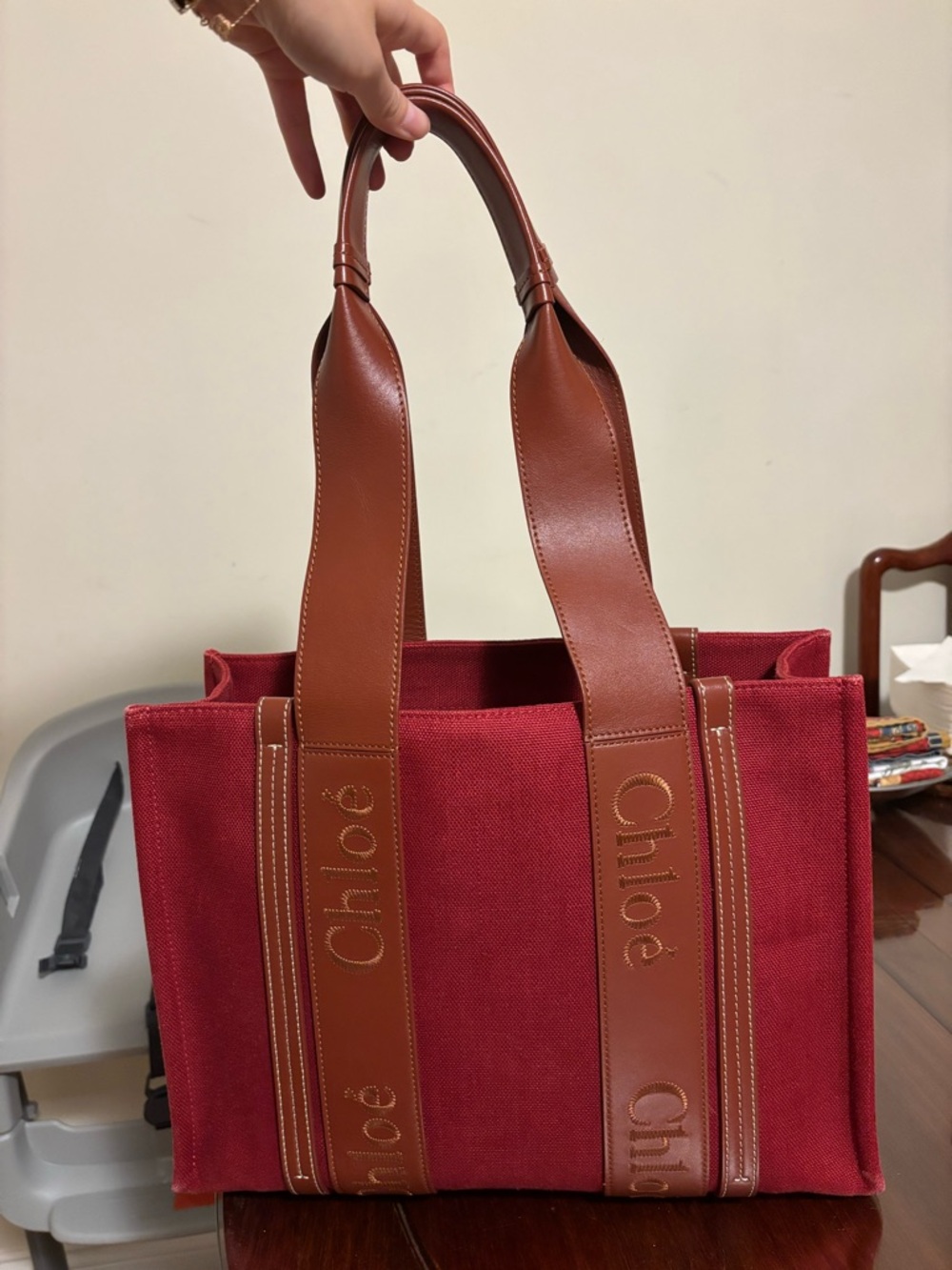 Chloé Red Canvas Tote with Brown Leather Straps - Picture 2 of 9